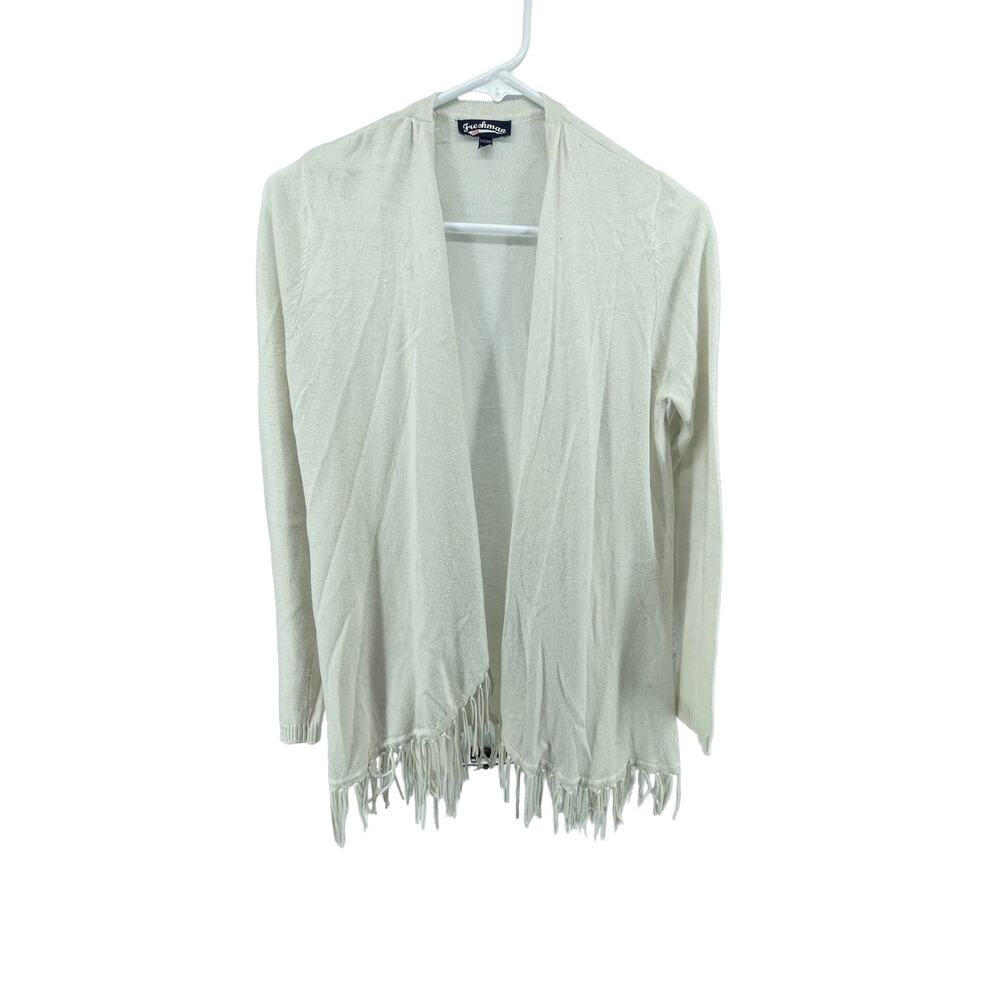 Freshman White Open Front Fringed Cardigan Sweater Women's Size Large 12/14